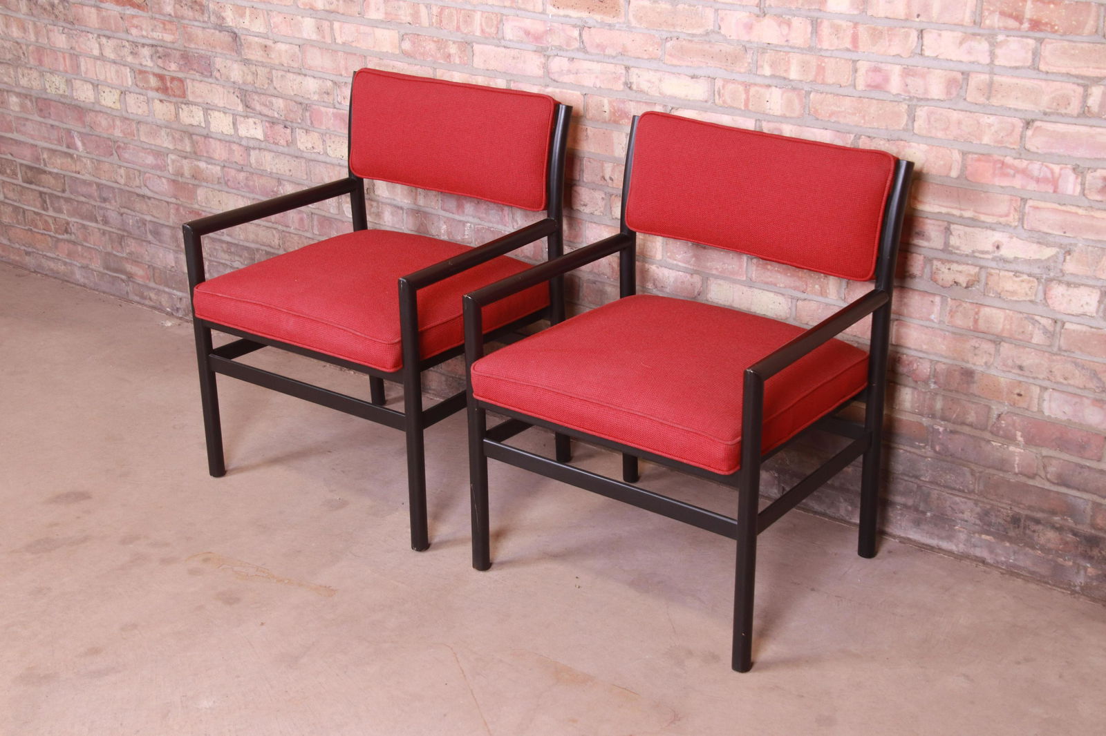 Michael Taylor for Baker Furniture Ebonized Walnut: Michael Taylor for Baker Furniture Ebonized Walnut Armchairs Pair A gorgeous pair of mid-century modern armchairs By Michael Taylor for Baker Furniture USA Circa 1960s Ebonized walnut with red upholst