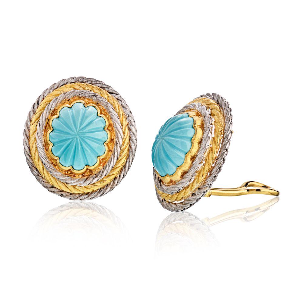 Buccellati 18K Two Tone Oro Collection Ov Button Carved: Buccellati 18K Two Tone Oro Collection Ov Button Carved Turquois Earrings Type: Earrings Metal: 18K Two Tone Grams: 15.3 Measurements: L: 25mm Condition: Excellent. Signed By: Buccellati. Brand: Bucce