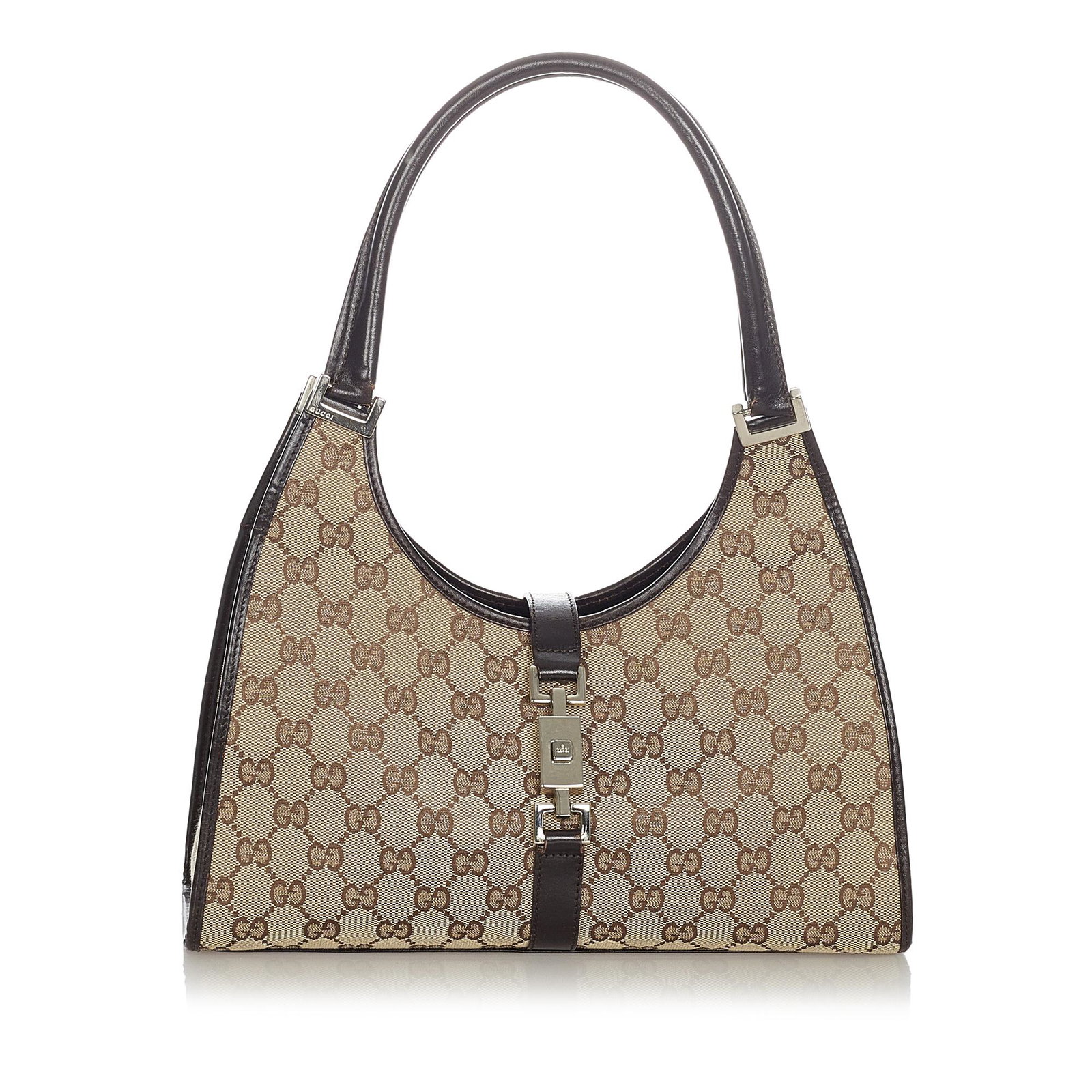 Gucci GG Canvas Jackie Shoulder Bag: Gucci GG Canvas Jackie Shoulder Bag The Jackie features a canvas body with leather trim rolled leather handles an open top with a flat strap and a push lock closure and an interior zip pocket. Brand: