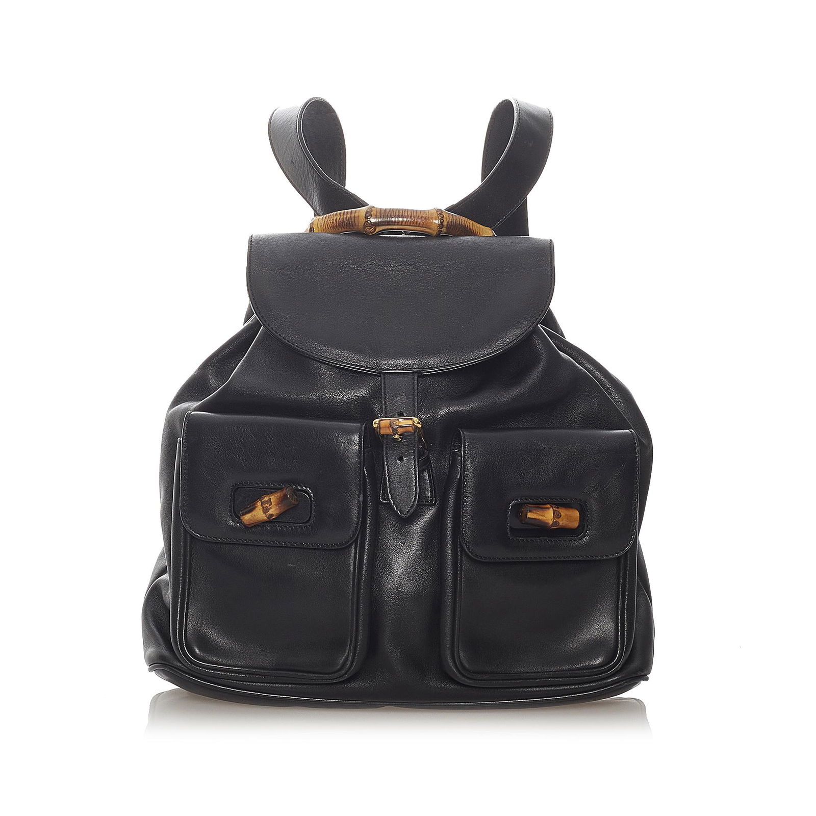 Gucci Bamboo Drawstring Leather Backpack: Gucci Bamboo Drawstring Leather Backpack This backpack features a leather body flat back straps a bamboo top handle a top flap with buckle closure a drawstring closure exterior front flap pockets with