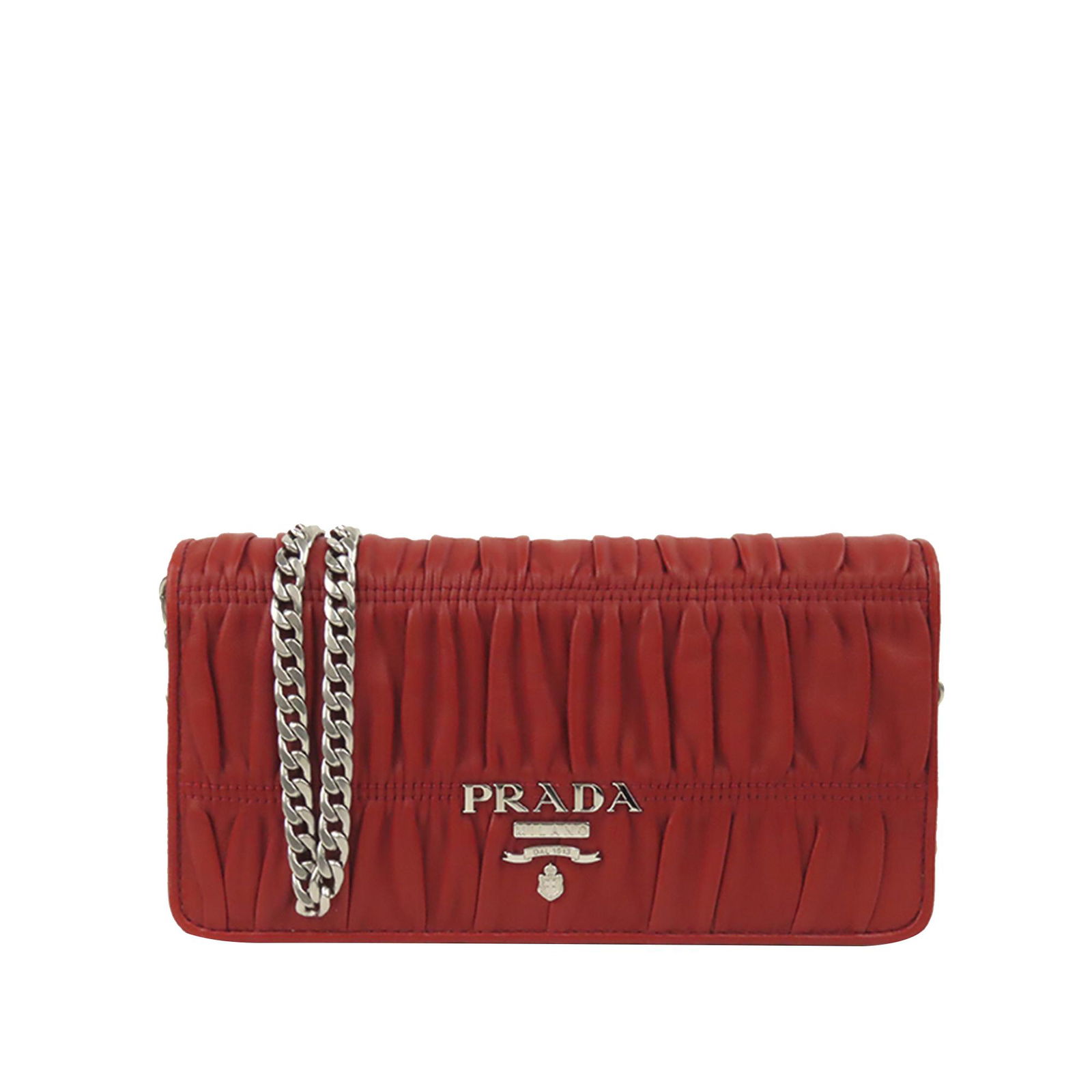 Prada Nappa Gaufre Wallet on Chain: Prada Nappa Gaufre Wallet on Chain This wallet on chain features a nappa leather body a silver tone shoulder strap a front flap with magnetic snap button closures and interior slip compartments. Brand