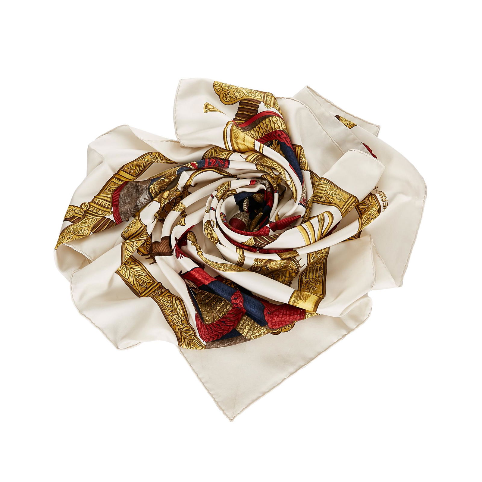 Hermes Grand Uniforme Silk Scarf: Hermes Grand Uniforme Silk Scarf The Grand Uniforme scarf features a print on 100% silk. Brand: Hermes Model: Grand Uniforme Silk Scarf Origin: France Category: Accessories Color: White Style: Others