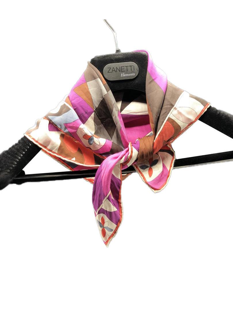 Emilio Pucci Silk Scarf: Emilio Pucci Silk Scarf Brand: Emilio Pucci Material: Silk Style: Scarf Color: Magenta/White/ Brown/ Black Size(inch): 22 x 22 Country of Origin: Italy The Bidhaus Guarantee: All items in this auction