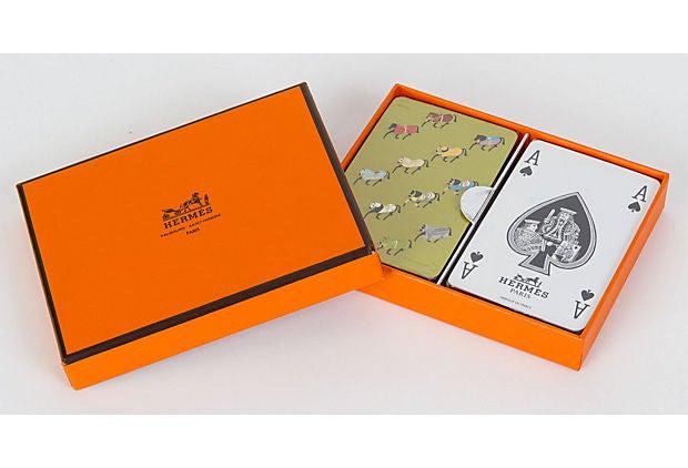 Hermes Horses Playing Card S/2 NIB: Hermes Horses Playing Card S/2 NIB Condition: New Era: Contemporary; 2000s Dimensions: 3.5" L x 2.5" W Materials: paper Color: orange green Two sets of Hermes playing cards. In original box. Brand new