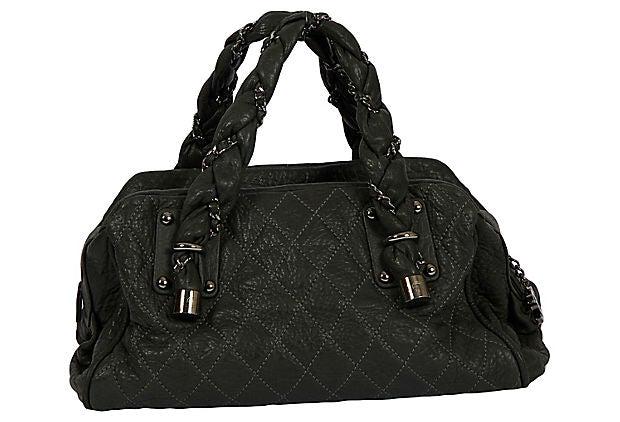 Chanel Lady Braid Handbag: Chanel Lady Braid Handbag Condition: Very Good; minor wear Era: Contemporary; 2000s Dimensions: 13" L x 7" W x 8" H Materials: leather/metal/silk Color: graphite-gray/silver Chanel Lady Braid handbag 