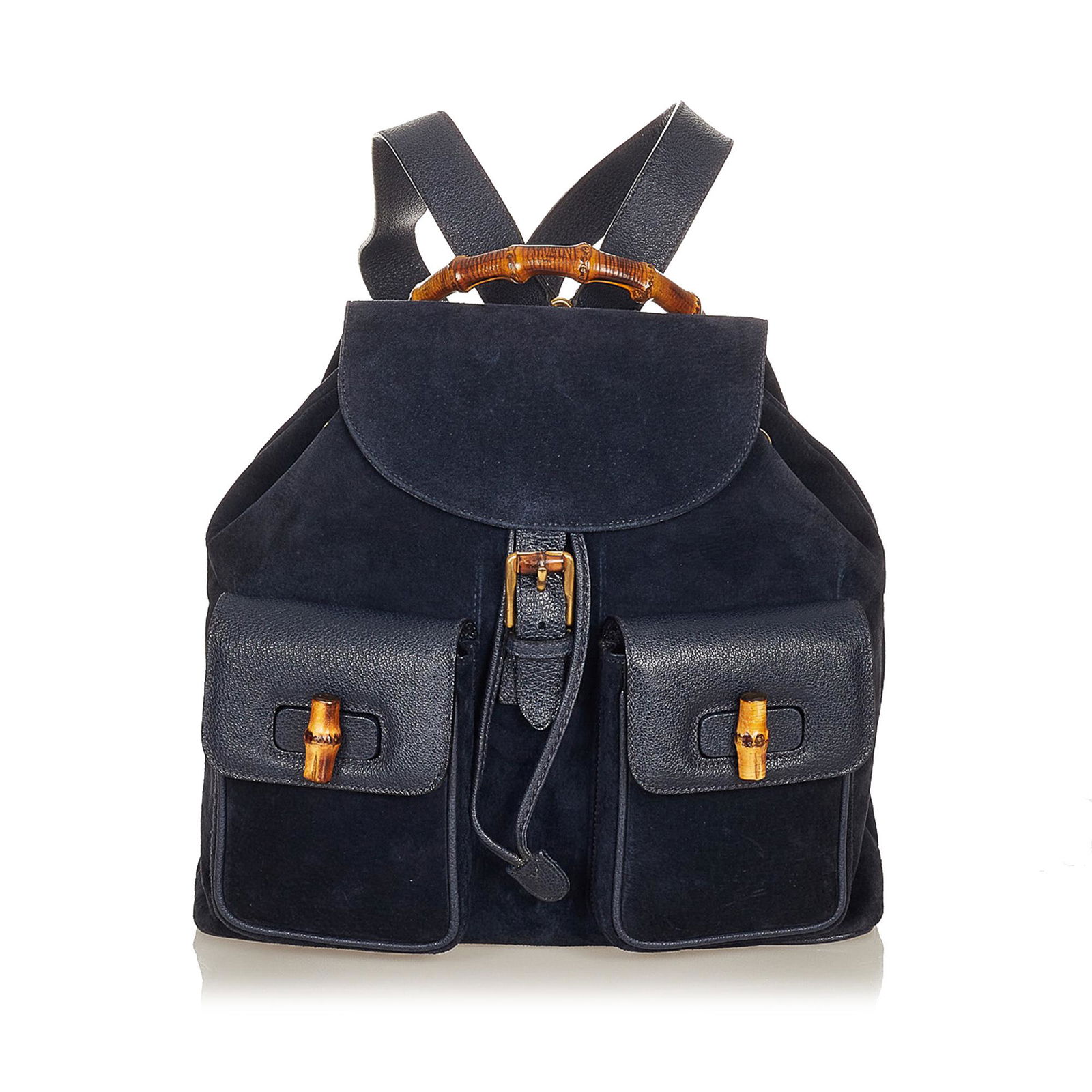 Gucci Bamboo Suede Drawstring Backpack: Gucci Bamboo Suede Drawstring Backpack This backpack features a suede and leather body exterior front flap pockets with a bamboo twist lock closure flat leather back straps a bamboo top handle a top f