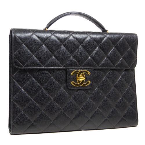 CHANEL Quilted CC Briefcase Business Hand Bag Purse: CHANEL Quilted CC Briefcase Business Hand Bag Purse Black Caviar Leather Size: Medium Accents: Lock Quilted Model: Briefcase Business Bag Country/Region of Manufacture: France Department: Women Style: