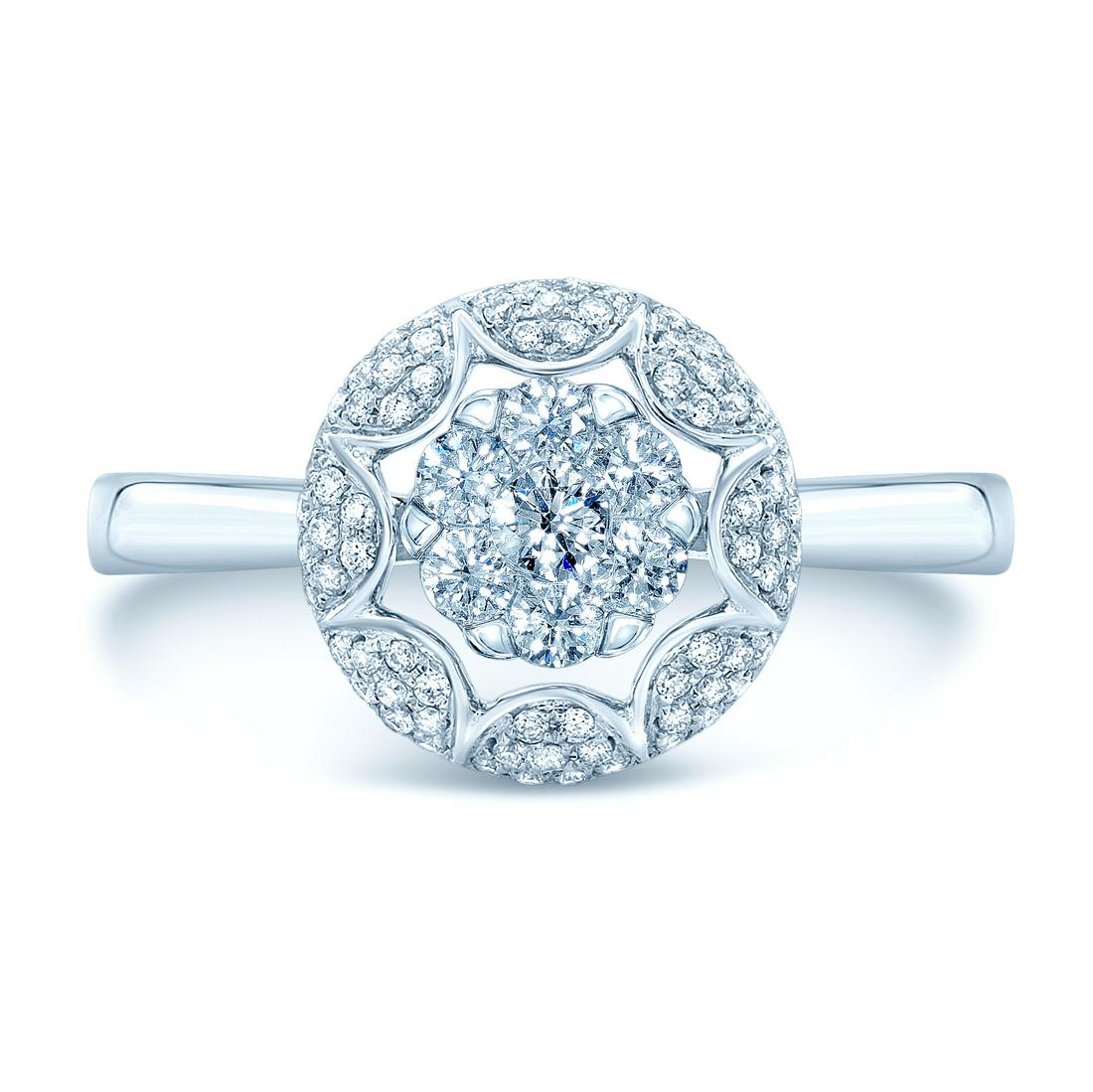 Diamond Art Deco Round Ring In 14k White Gold: 14 Karat White Gold Coronet Ring With 79 Round Brilliant Diamonds Weighing 0.35 Carats Style: Coronet Primary Stone: Diamond Gender: Ladies Metal:14K White Gold Country of Origin: China Dimensions (Lx