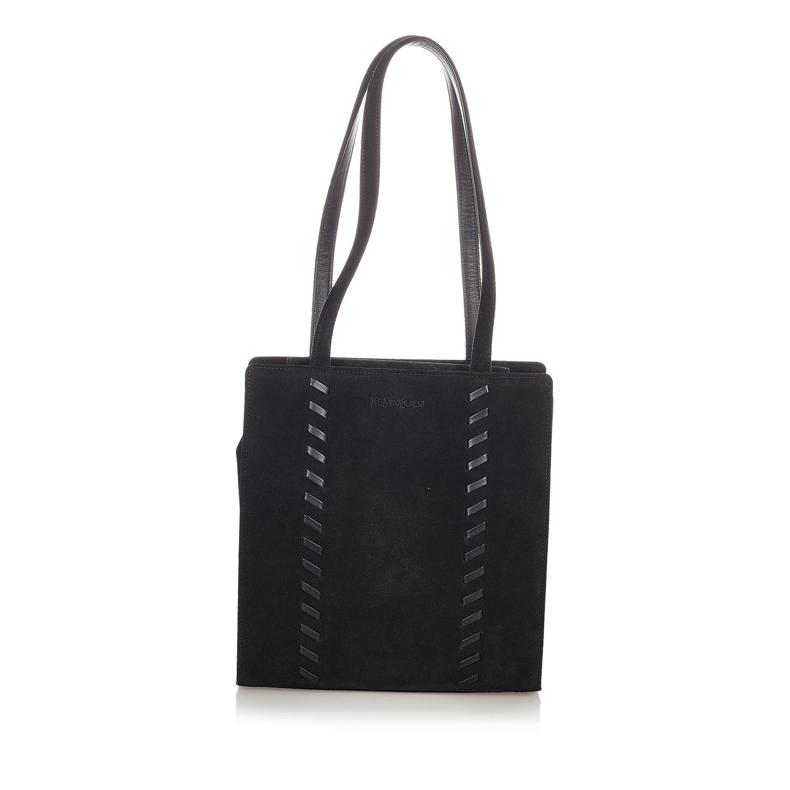 YSL Suede Tote Bag: YSL Suede Tote Bag This tote bag features a suede body flat leather handles and an open top. Brand: YSL Model: Suede Tote Bag Origin: France Category: Bags Color: Black Style: Others Material: Leather