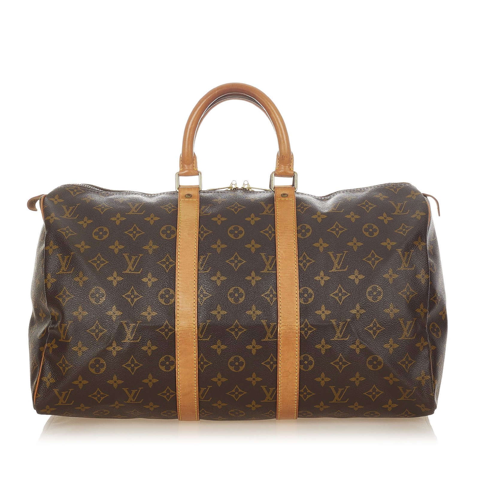 Louis Vuitton Monogram Keepall 45: Louis Vuitton Monogram Keepall 45 The Keepall 45 features a monogram canvas body with leather trim rolled leather handles and a top zip closure. Brand: Louis Vuitton Model: Monogram Keepall 45 Origin: