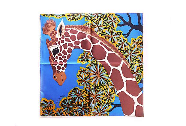 Hermes Blue Silk Giraffe Gavroche Scarf: Hermes Blue Silk Giraffe Gavroche Scarf Condition: New Era: Contemporary; 2000s Dimensions: 16.5" L x 16.5" W Materials: silk Color: blue/brown Hermes silk giraffe gavroche scarf in blue and brown. Ha