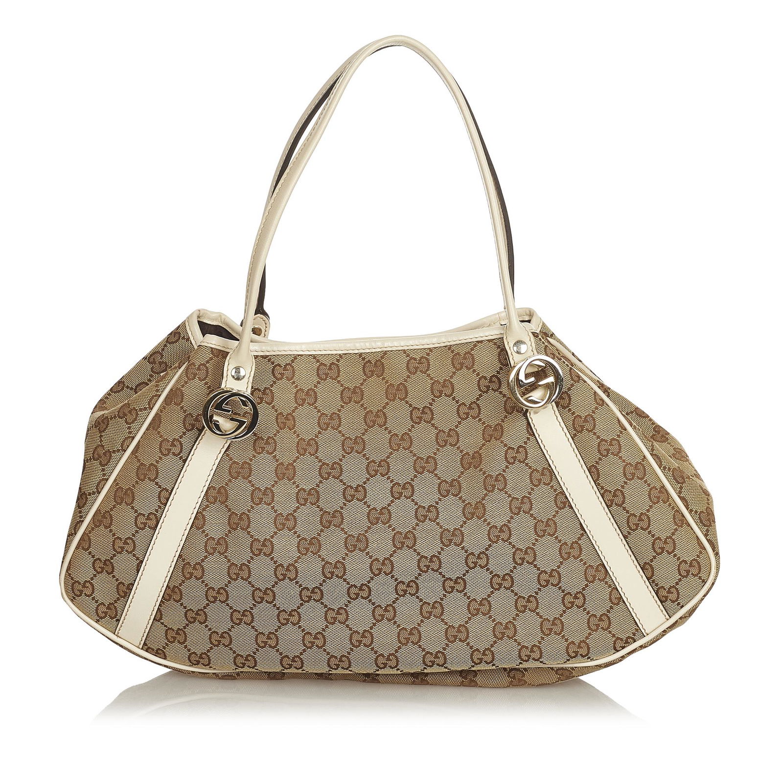 Gucci GG Canvas Twin Tote Bag: Gucci GG Canvas Twin Tote Bag This tote bag features a canvas body with leather trim flat leather straps an open top with a leather lock strap and an interior zip and slip pockets. Brand: Gucci Model: