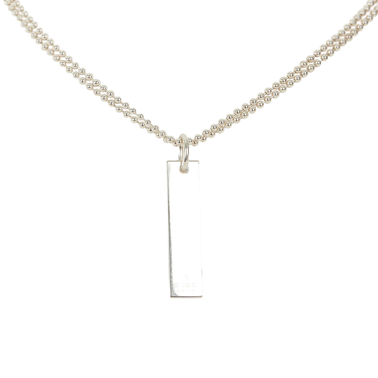 Gucci Silver-Tone Necklace: Gucci Silver-Tone Necklace This necklace features a plate pendant a silver chain and a lobster claw closure. Brand: Gucci Model: Silver-Tone Necklace Origin: Italy Category: Costume Color: Silver Styl