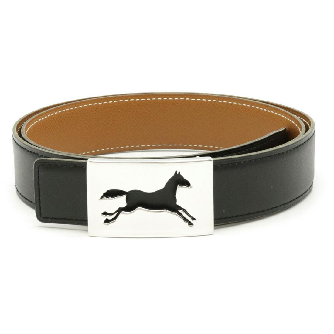 HERMES Horse Buckle Motif Reversible Box Calf Vaux: HERMES Horse Buckle Motif Reversible Box Calf Vaux Epson Leather Black Brown # 90 A Engraved Brand: Hermes Color: Black, Brown Condition: Used (good) Overall Dirt: Slight Damage Ranking: Surface of be