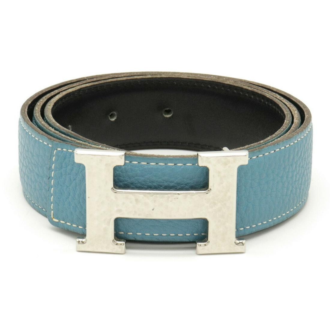 HERMES Constance H Belt Reversible BOX Calf Togo Blue: HERMES Constance H Belt Reversible BOX Calf Togo Blue Gene Light Black # 85 Engraved Brand: Hermes Color: Black, Blue jean Condition: Used (good) Overall Scratches: Slight Overall Traces of Use: Sligh