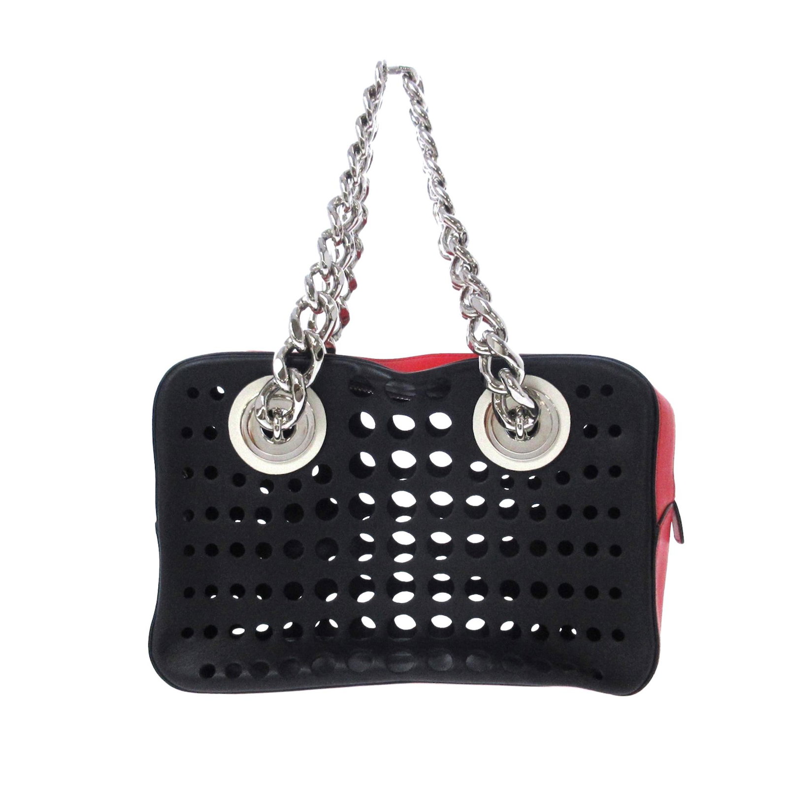 Prada City Fori Perforated Leather Handbag: Prada City Fori Perforated Leather Handbag The City Fori features a perforated leather body silver-tone chain straps a top zip closure and an interior zip pouch. Brand: Prada Model: City Fori Perforat