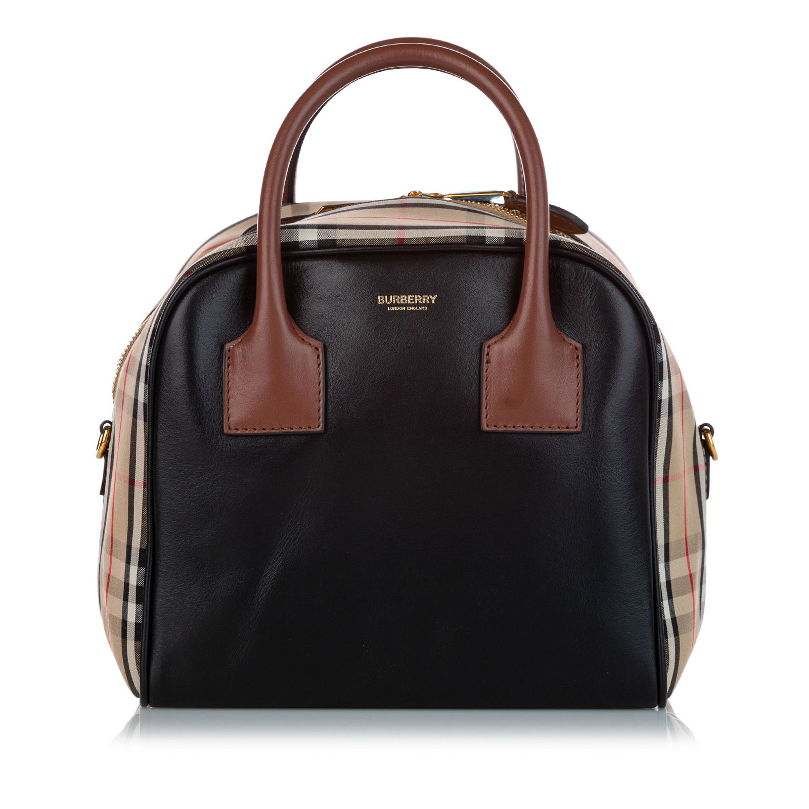 Burberry House Check Leather Satchel: Burberry House Check Leather Satchel This satchel features a leather body rolled leather handles a detachable strap and a top zip closure. Brand: Burberry Model: House Check Leather Satchel Origin: Un