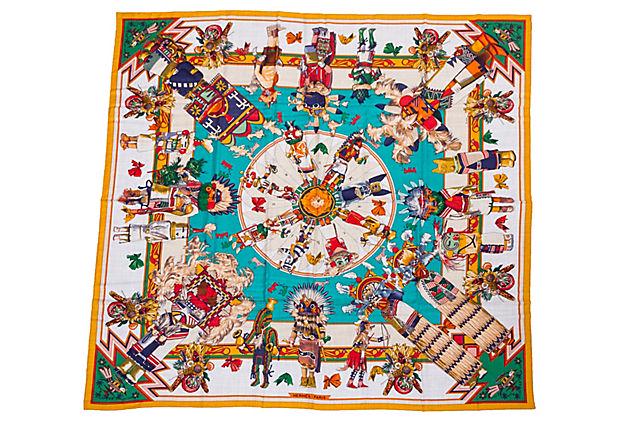 Hermes Teal Kachinas Cashmere Shawl: Hermes Teal Kachinas Cashmere Shawl Condition: New Era: Contemporary; 2000s Dimensions: 55" L x 55" W Materials: silk/cashmere Color: beige/teal/multi Hermes silk-and-cashmere Kachinas shawl designed