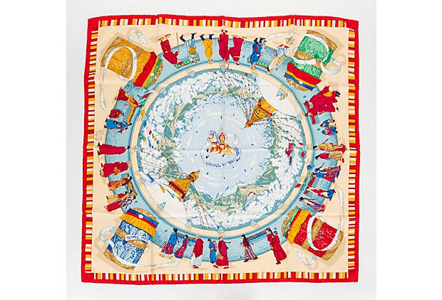Hermes "Prieres Au Vent" Red Silk Scarf: Hermes "Prieres Au Vent" Red Silk Scarf Condition: Excellent Era: Contemporary; 2000s Dimensions: 35" L x 35" W Materials: silk Color: red blue Hermes "Prieres Au Vent" red silk twill scarf. Hand-roll