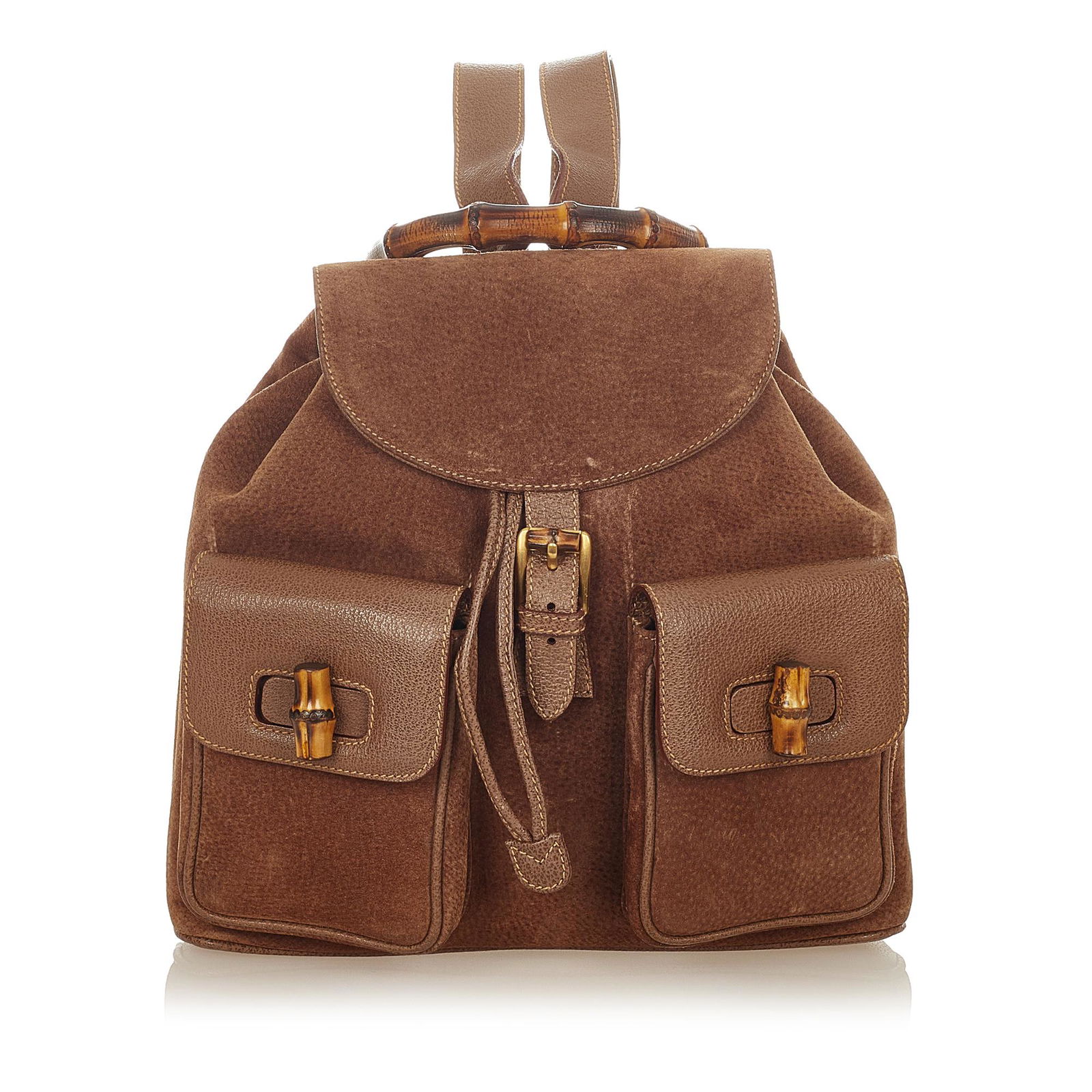 Gucci Bamboo Suede Backpack: Gucci Bamboo Suede Backpack This backpack features a suede body with leather trim an exterior front flap pocket with bamboo twist lock closure flat leather back straps a bamboo top handle top flap wit