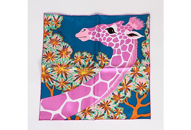 Hermes Pink Silk Giraffe Gavroche Scarf: Hermes Pink Silk Giraffe Gavroche Scarf Condition: New Era: Contemporary; 2000s Dimensions: 16.5" L x 16.5" W Materials: silk Color: pink blue Hermes pink-and-blue giraffe silk gavroche scarf. Hand-ro