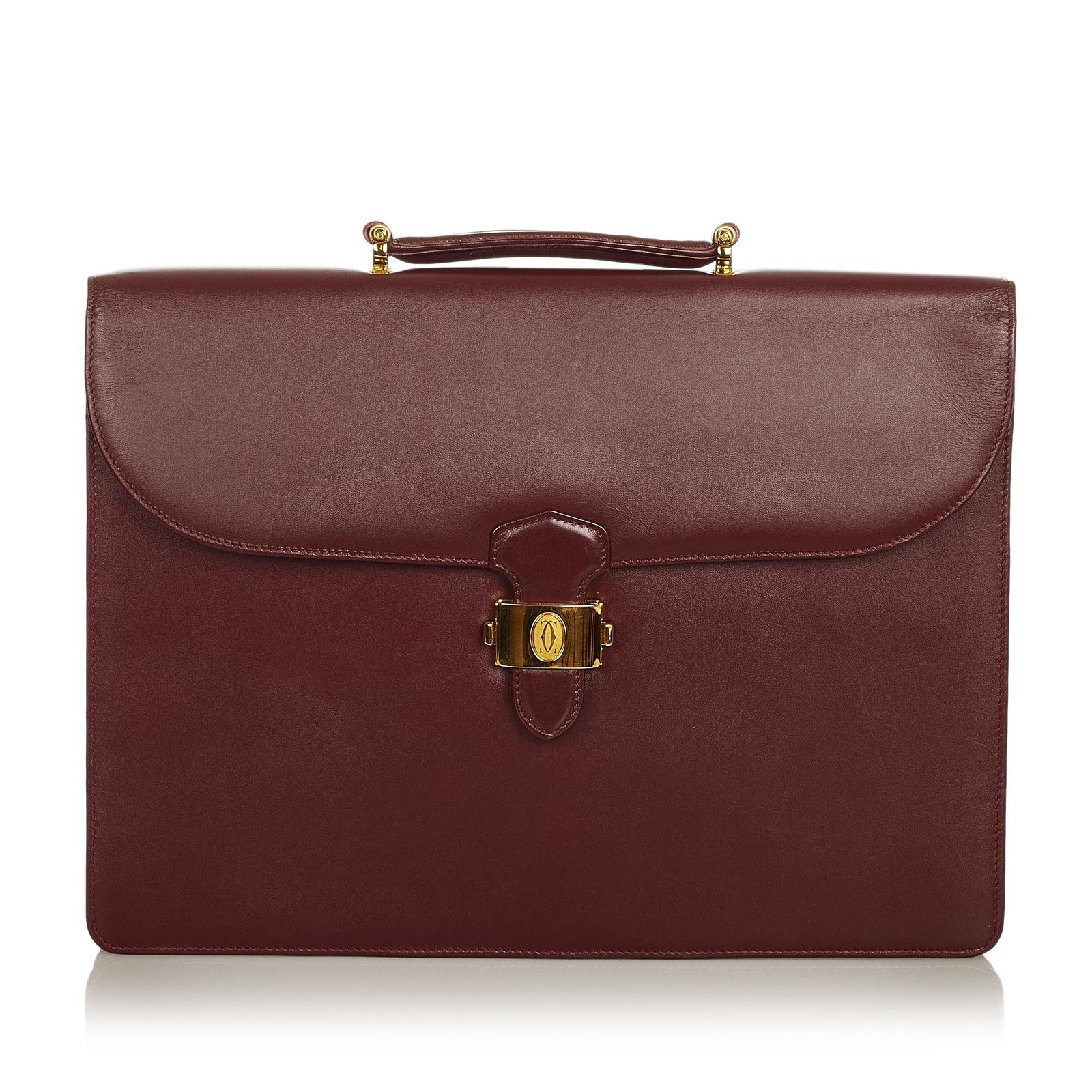 Must De Cartier Leather Business Bag: Must De Cartier Leather Business Bag This briefcase features a leather body a flat leather top handle and a front flap with a metal push lock closure. Brand: Cartier Model: Must De Cartier Leather Bus