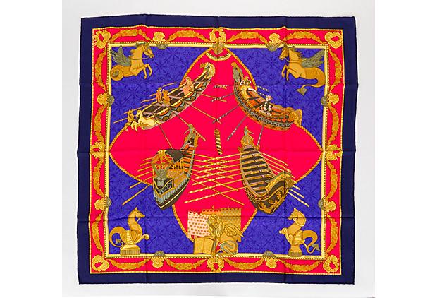 Hermes Les Bissone de Venise Silk Scarf: Hermes Les Bissone de Venise Silk Scarf Condition: Excellent Era: Contemporary; 2000s Dimensions: 35" L x 35" W Materials: silk Color: fuchsia blue gold Hermes silk twill "les bissone de Venise" scarf