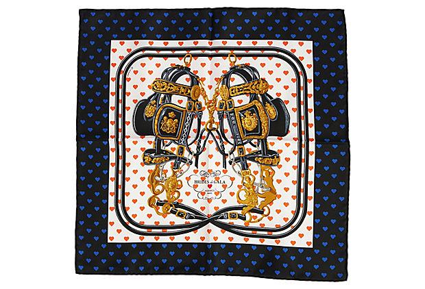Hermes Blue Brides de Gala Love Scarf: Hermes Blue Brides de Gala Love Scarf Condition: New Era: Contemporary; 2000s Dimensions: 16.5" L x 16.5" W Materials: silk Color: blue/white/red Hermes blue Brides de Gala Love pochette scarf. Limite