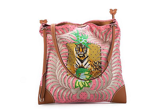 Hermes BN Silk Bag Tiger Barenia Leather: Hermes BN Silk Bag Tiger Barenia Leather Condition: New Era: Contemporary; 2000s Dimensions: 16" L x 0.5" W x 15" H Materials: silk leather Color: brown pink green HERMES 'Silky City' silk Bag in pink