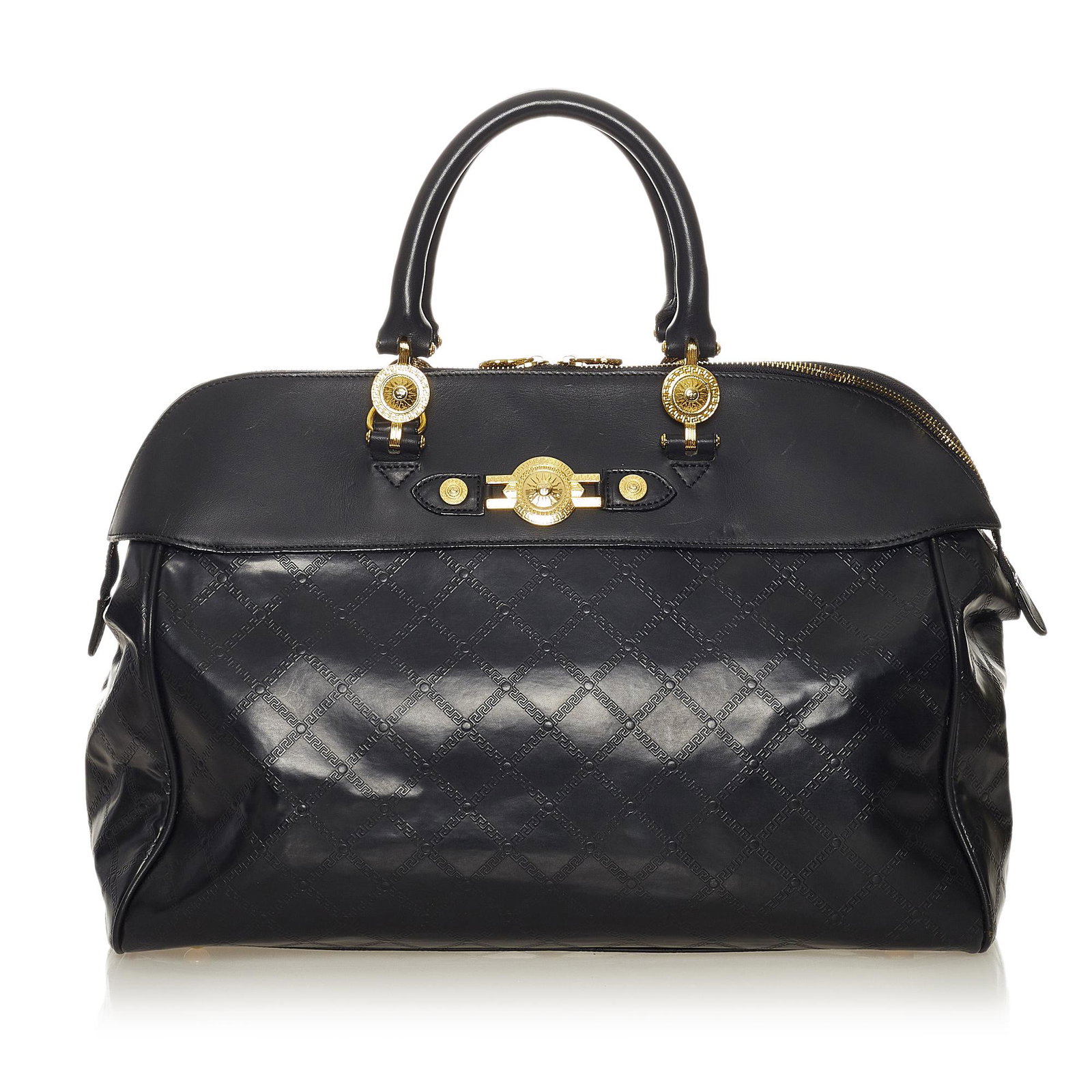 Versace Sunburst Leather Handbag: Versace Sunburst Leather Handbag This handbag features a leather body with gold-tone hardware rolled leather handles a top zip closure and an interior zip pocket. Brand: Versace Model: Sunburst Leathe