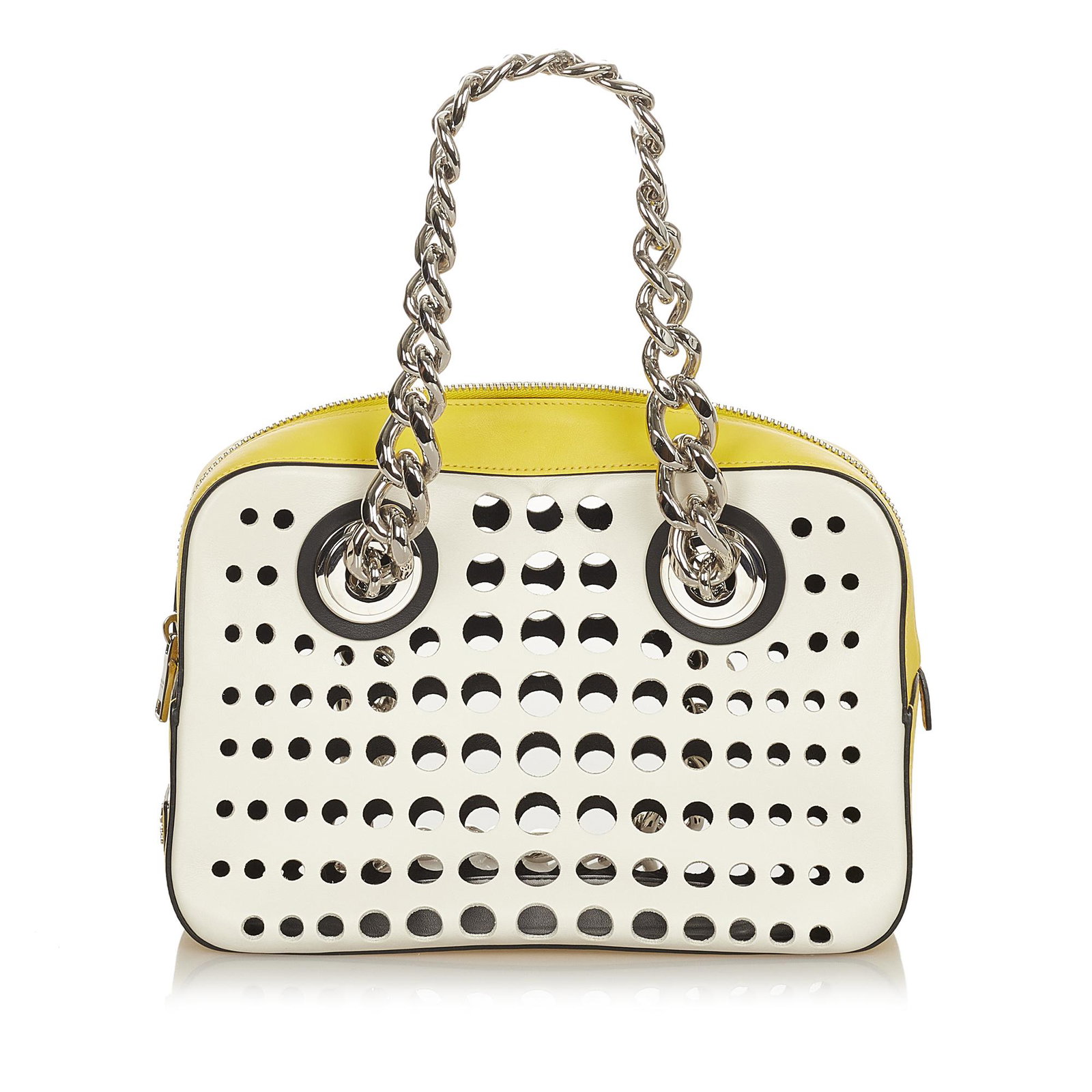 Prada City Fori Perforated Leather Handbag: Prada City Fori Perforated Leather Handbag The City Fori features a perforated leather body silver-tone chain straps a top zip closure and an interior zip pouch. Brand: Prada Model: City Fori Perforat