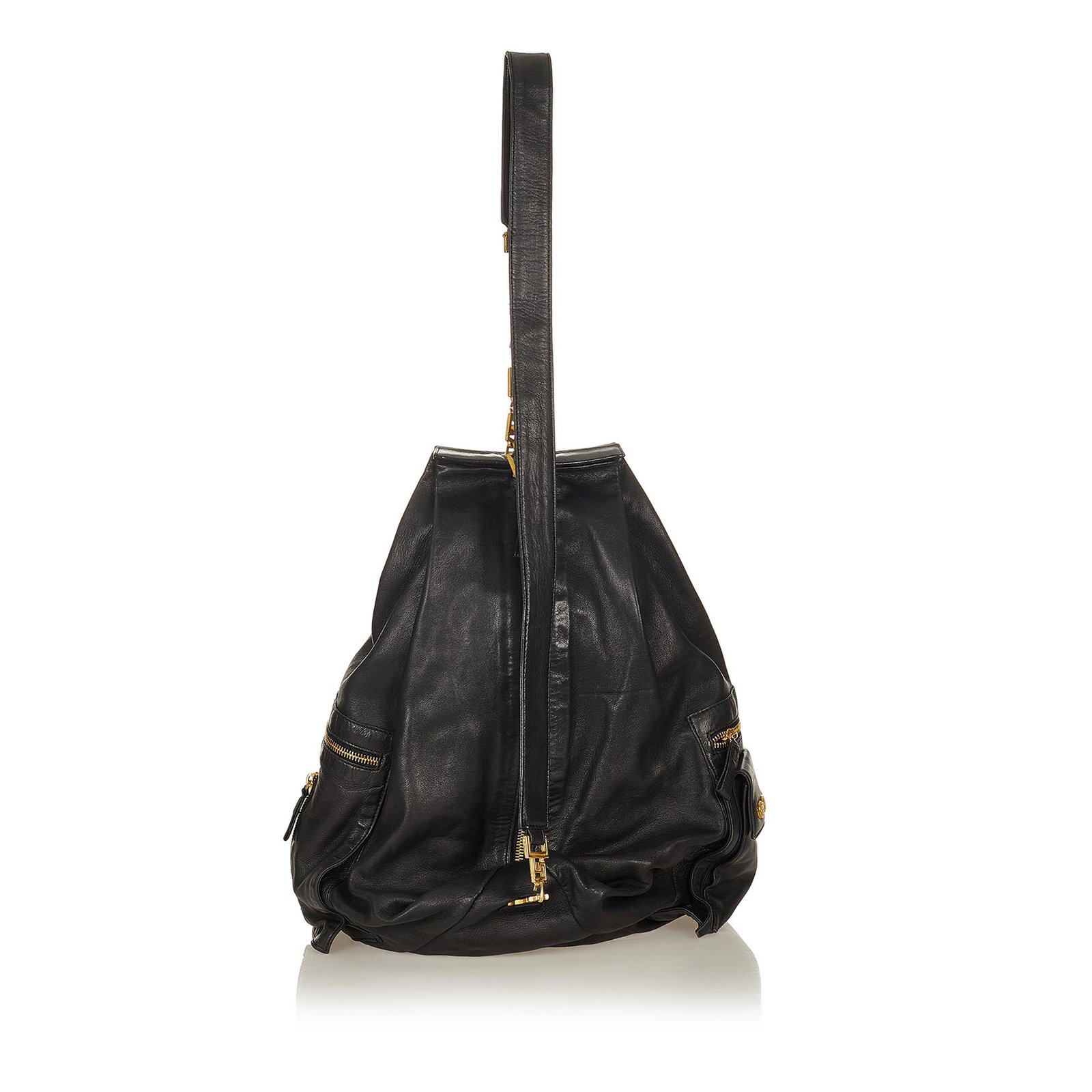 Versace Medusa Leather Sling Bag: Versace Medusa Leather Sling Bag This sling bag features a leather body exterior side zip and flap pockets a chain and leather back strap front and back zip closure and an interior zip pocket. Brand: 