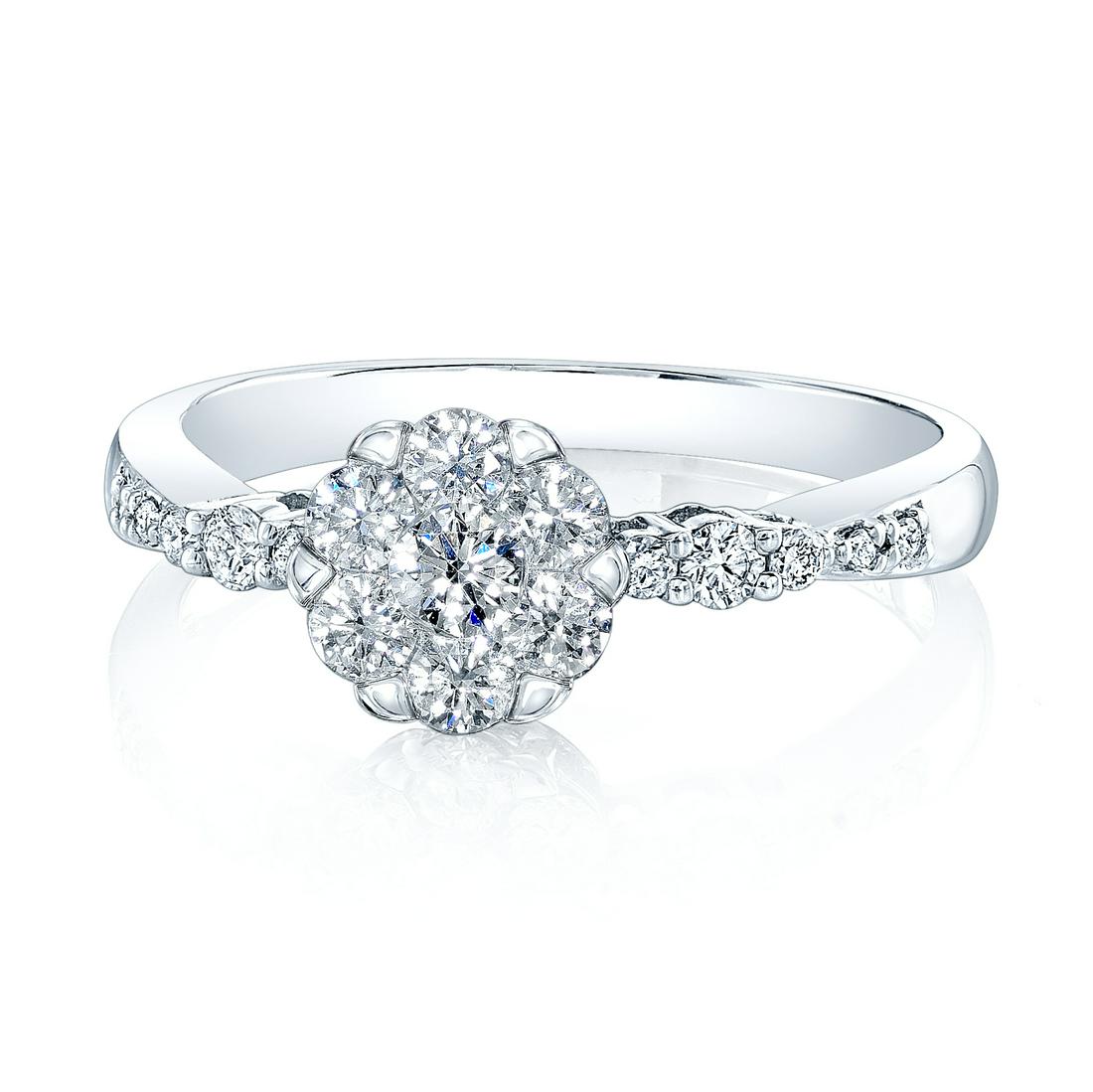 Diamond Cluster Ring With Accented Shank In 14k White: 14k White Gold Coronet Ukur Ring With 17 Round Brilliant Diamonds Weighing 0.57 Carats Style: Coronet Primary Stone: Diamond Gender: Ladies Metal:14K White Gold Country of Origin: China Dimensions (Lx