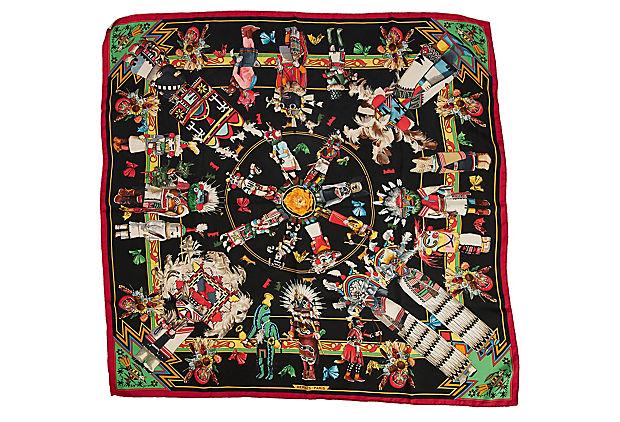 Hermes Black & Red Silk Kachinas Scarf: Hermes Black & Red Silk Kachinas Scarf Condition: Excellent Era: Contemporary; 2000s Dimensions: 35" L x 35" W Materials: silk Color: black/red Hermes black-and-red silk Kachinas scarf designed by Ker