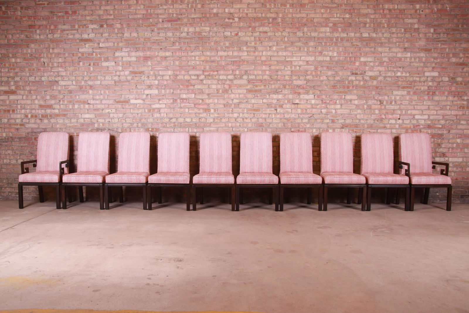 Michael Taylor for Baker Far East Collection Greek Key: Michael Taylor for Baker Far East Collection Greek Key Dining Chairs Set of Ten A gorgeous set of ten mid-century modern Hollywood Regency Chinoiserie dining chairs By Michael Taylor for Baker Furnitu