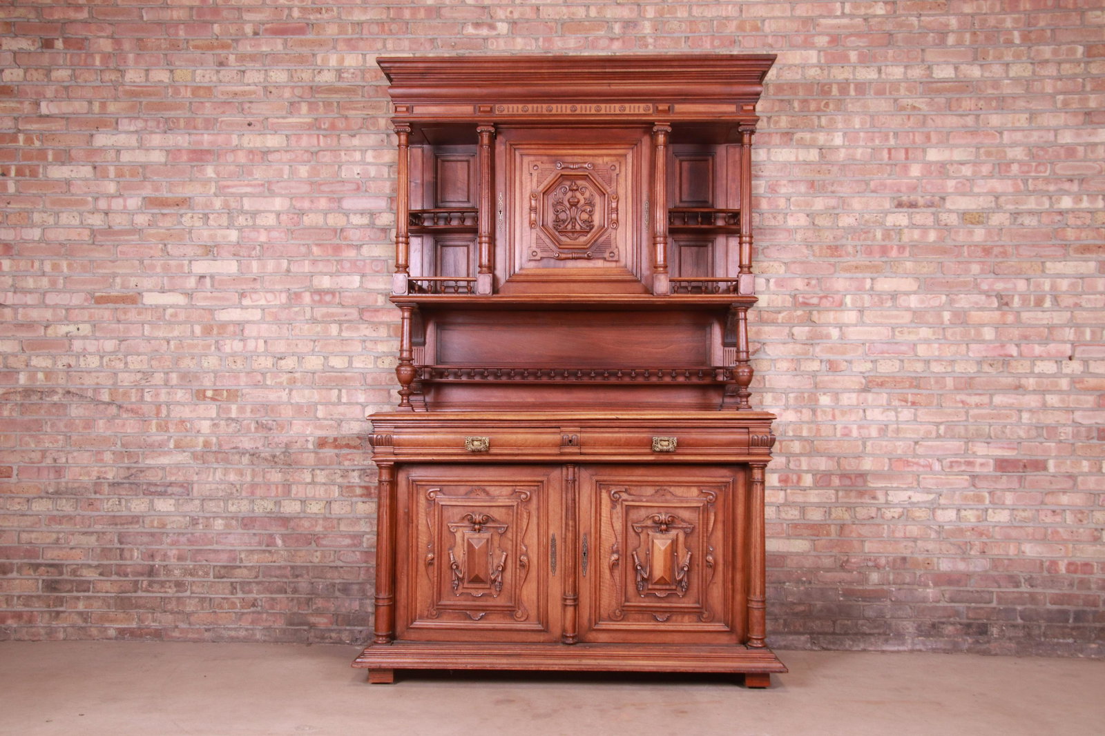 19th Century French Renaissance Carved Walnut Sideboard: 19th Century French Renaissance Carved Walnut Sideboard or Bar Cabinet A gorgeous antique French Renaissance Henri II sideboard hutch or bar cabinet France Late 19th Century Carved walnut with origina