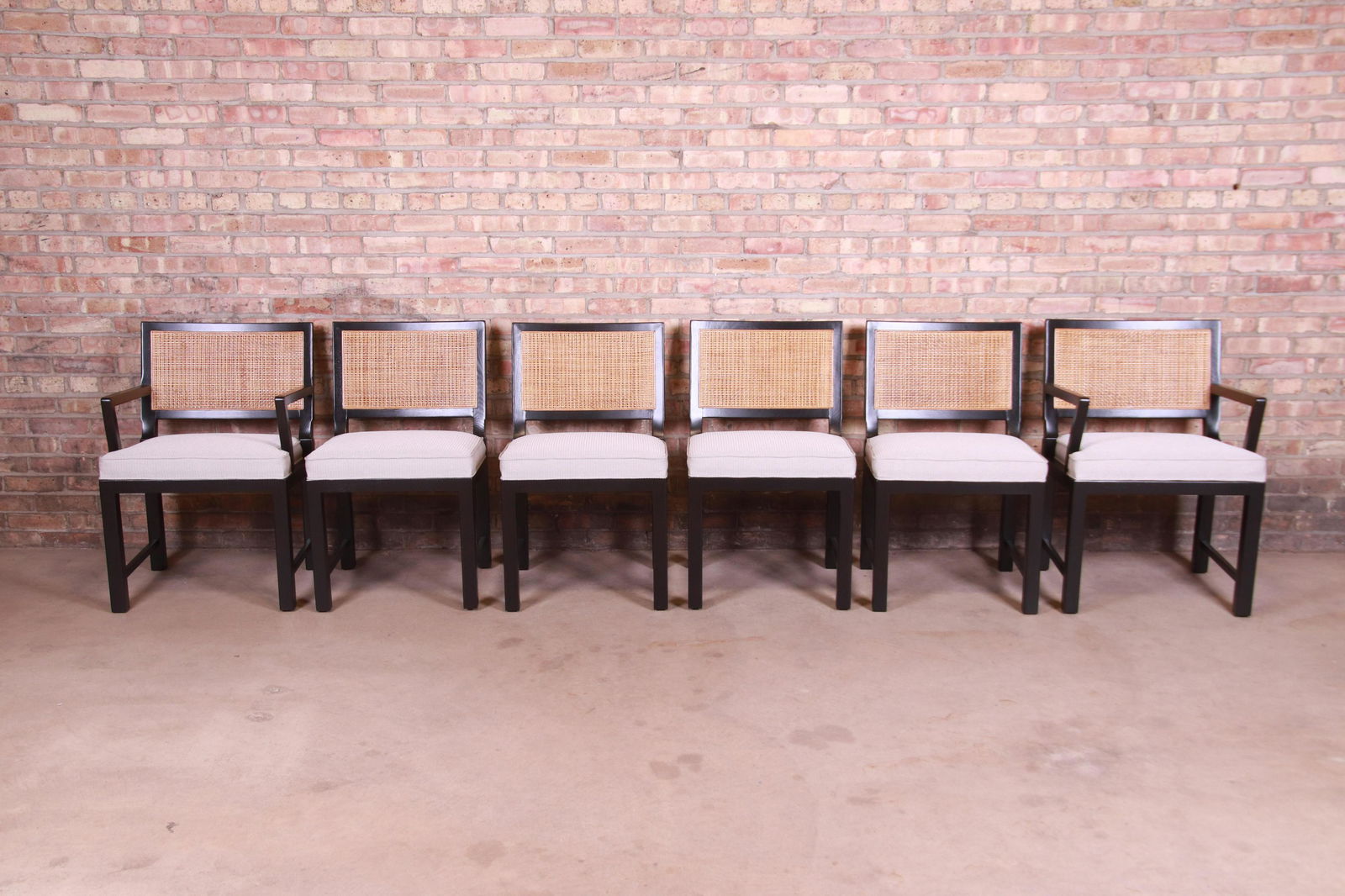 Michael Taylor for Baker Ebonized Walnut and Cane: Michael Taylor for Baker Ebonized Walnut and Cane Dining Chairs Fully Restored An exceptional set of six mid-century modern dining chairs By Michael Taylor for Baker Furniture "New World" Collection U