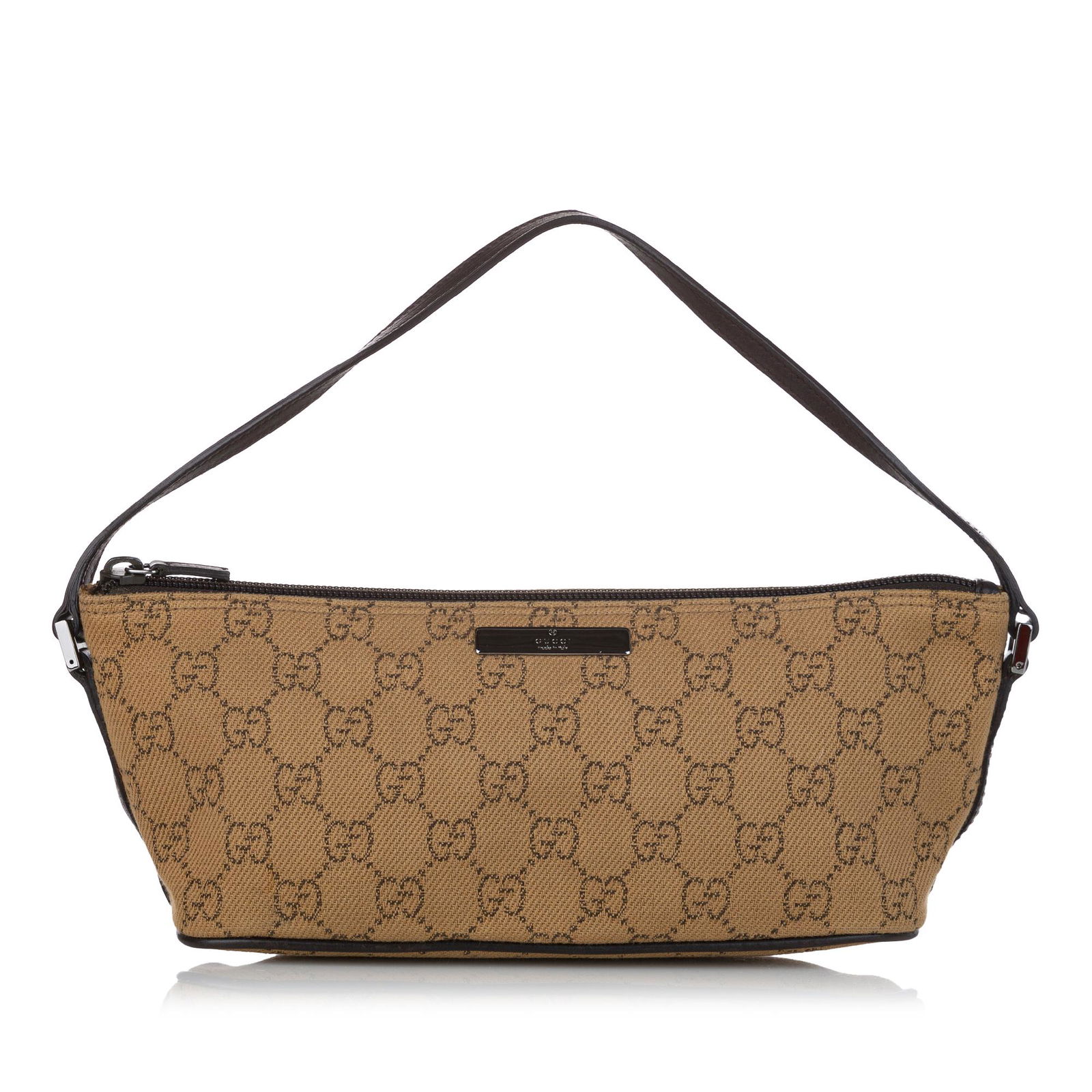 Gucci GG Canvas Boat Baguette: Gucci GG Canvas Boat Baguette The Boat features a canvas body with leather trim a flat leather strap and a top zip closure. Brand: Gucci Model: GG Canvas Boat Baguette Origin: Italy Category: Bags Col