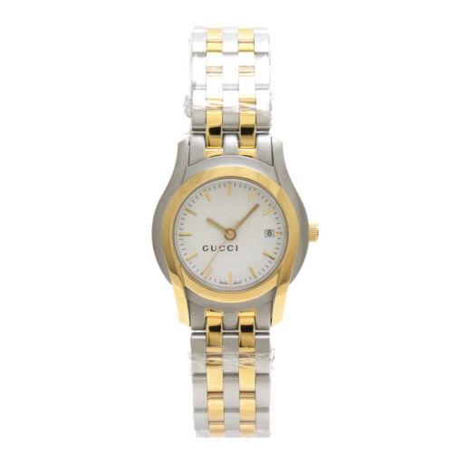 GUCCI White Dial Date SS GP Combination Ladies YA055528 5500L: GUCCI White Dial Date SS GP Combination Ladies YA055528 5500L Brand: GUCCI Department: Ladies Type: Watch The BIDHAUS Guarantee: All items in this auction are guaranteed authentic and come with a 100%