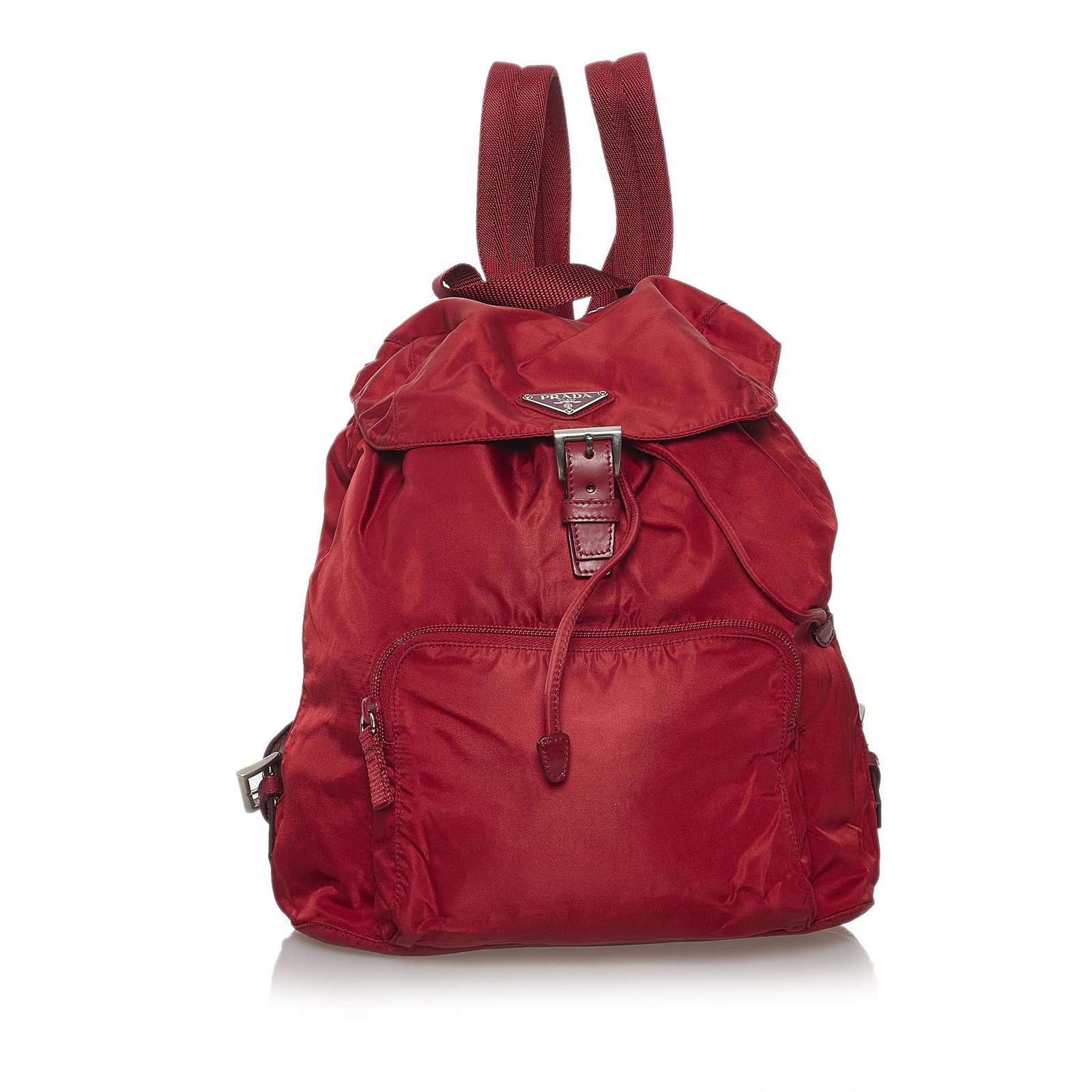 Prada Tessuto Drawstring Backpack: Prada Tessuto Drawstring Backpack This backpack features a nylon body with leather trim an exterior front zip pocket flat back straps a flat top handle a top flap with buckle closure a drawstring clos
