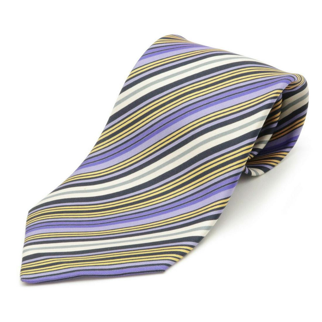 HERMES Necktie Striped 100% Silk Purple Orange Cream Yellow Multicolor: HERMES Necktie Striped 100% Silk Purple Orange Cream Yellow MulticolorBrand: Hermes Color: Cream, Multi-color, Orange, Purple, Yellow Accessories: Box Condition: Opened (never used) Type: Cravat Total