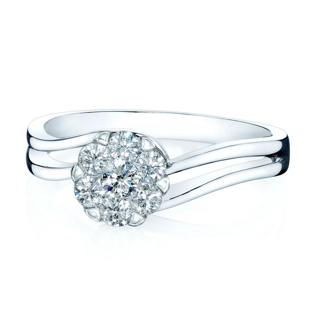 Diamond Bypass Split Shank Ring In 14k White Gold: 14k White Gold Coronet Theia Ring With 7 Round Brilliant Diamonds Weighing 0.40 Carats Style: Coronet Primary Stone: Diamond Gender: Ladies Metal:14K White Gold Country of Origin: China Dimensions (Lx