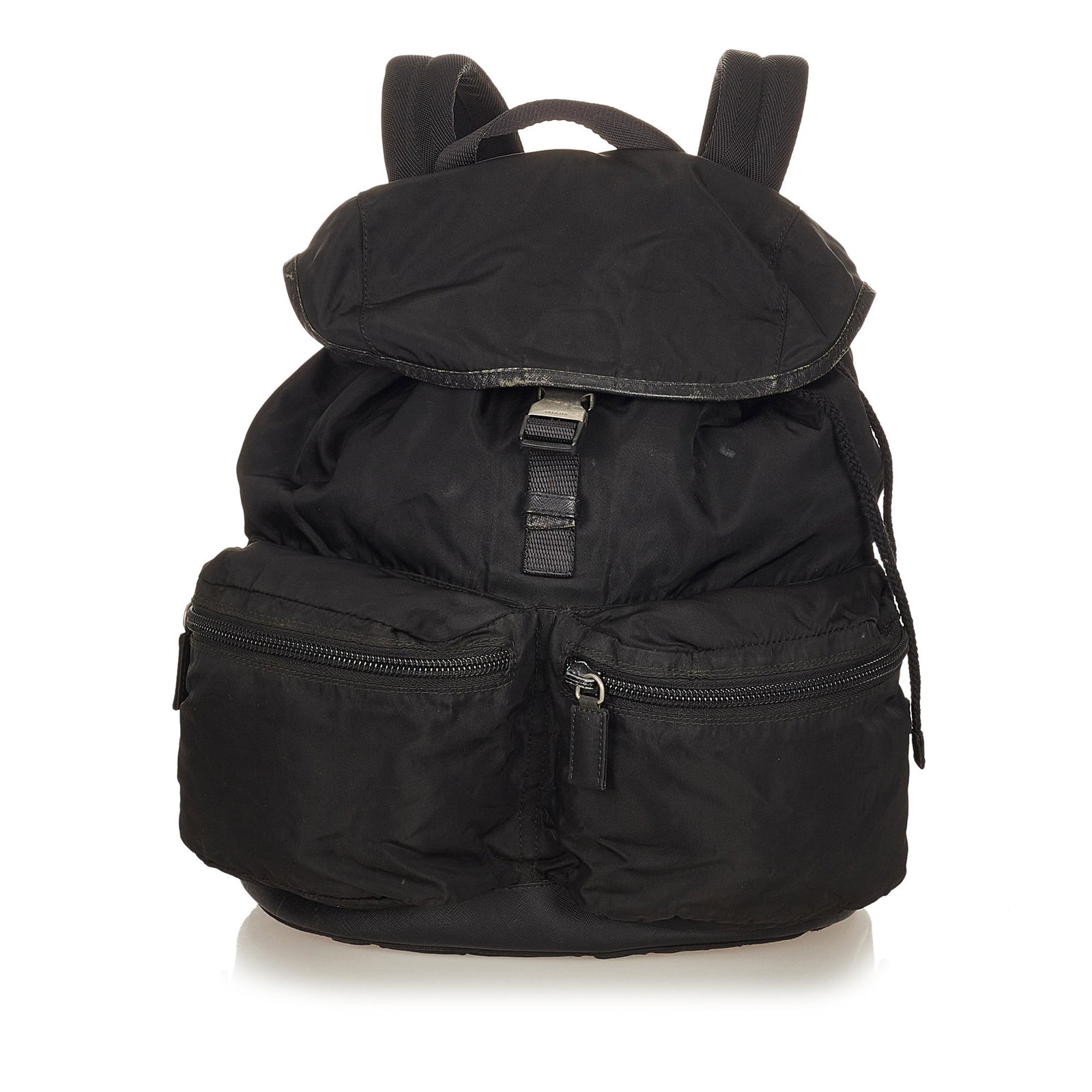 Prada Tessuto Drawstring Backpack: Prada Tessuto Drawstring Backpack This backpack features a nylon body with leather trim an exterior front zip pocket flat back straps a flat top handle a top flap with buckle closure a drawstring clos