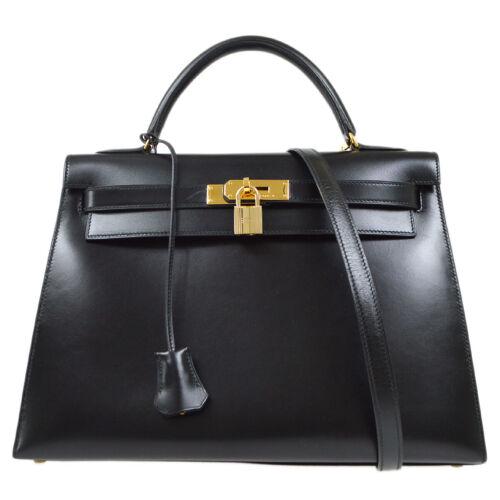 HERMES KELLY 32 SELLIER 2way Hand Bag Purse 12L OU Black Box Calf: HERMES KELLY 32 SELLIER 2way Hand Bag Purse 12L OU Black Box Calf Gender: Adult Unisex Country/Region of Manufacture: France Style: Hand bag Decade: 1990s Material: Box Calf Original/Reproduction: Ori