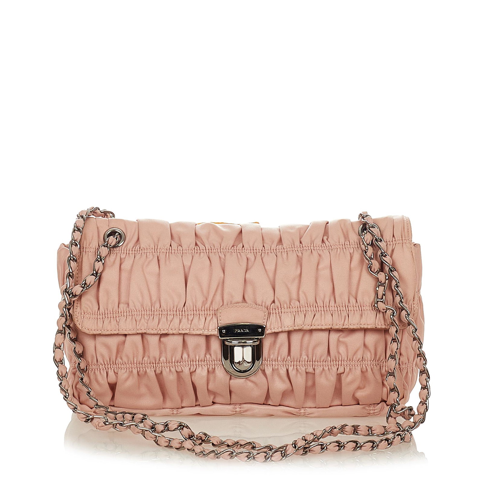 Prada Tessuto Gaufre Shoulder Bag: Prada Tessuto Gaufre Shoulder Bag This shoulder bag features a gathered nylon body a front exterior zip pocket nylon woven chain straps a front flap with a push lock closure and an interior zip pocket