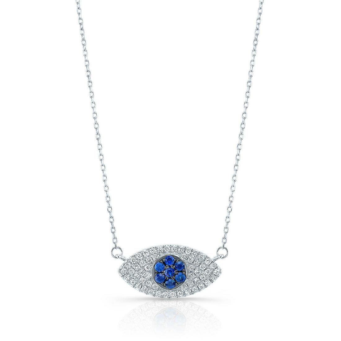 Sapphire And Diamond Pave Evil Eye Necklace In 14k White Gold, 16-18 Adj Chn: 14k White Gold Necklace With 7 Round Sapphires At 1.30mm(0.10ctw) And 54 Round Brilliant Diamonds Weighing 0.125ctw, Adjustable Length 16-18 Inches Style: Religious Primary Stone: Sapphire Gender: Lad