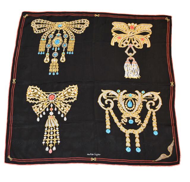 Cartier scarf jewelry pattern silk black red: Cartier scarf jewelry pattern silk black red Brand: Cartier Country of Origin: France Type: Scarf Color: Black Red color Material: Silk100% Silk: 100% Size (LxW): 80cm x 80cm / 31.49 x 31.49 Body: Sti