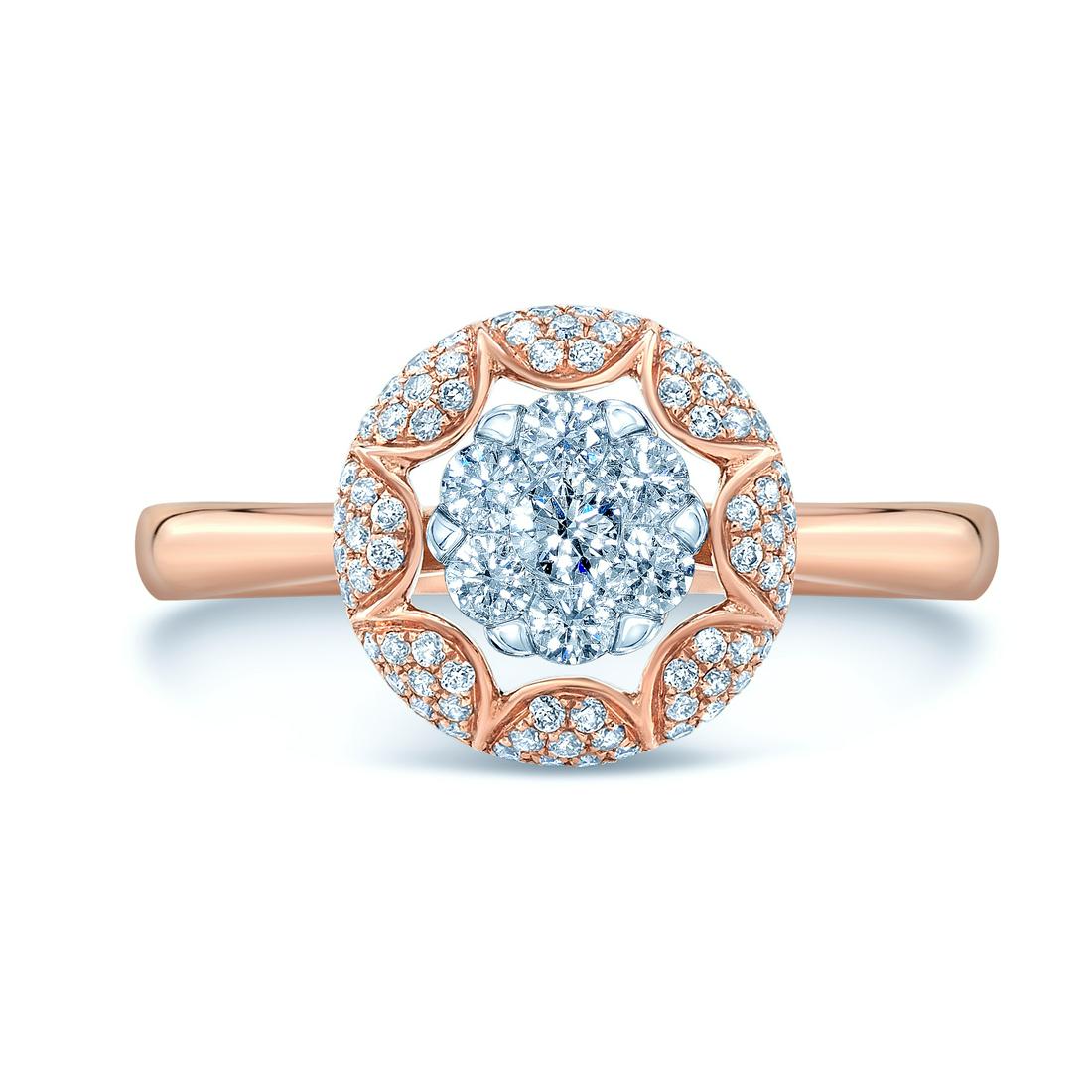 Diamond Art Deco Round Ring In 14k Rose Gold: 14 Karat Rose Gold Coronet Ring With 79 Round Brilliant Diamonds Weighing 0.35 Carats Style: Coronet Primary Stone: Diamond Gender: Ladies Metal:14K Rose Gold Country of Origin: China Dimensions (LxWx