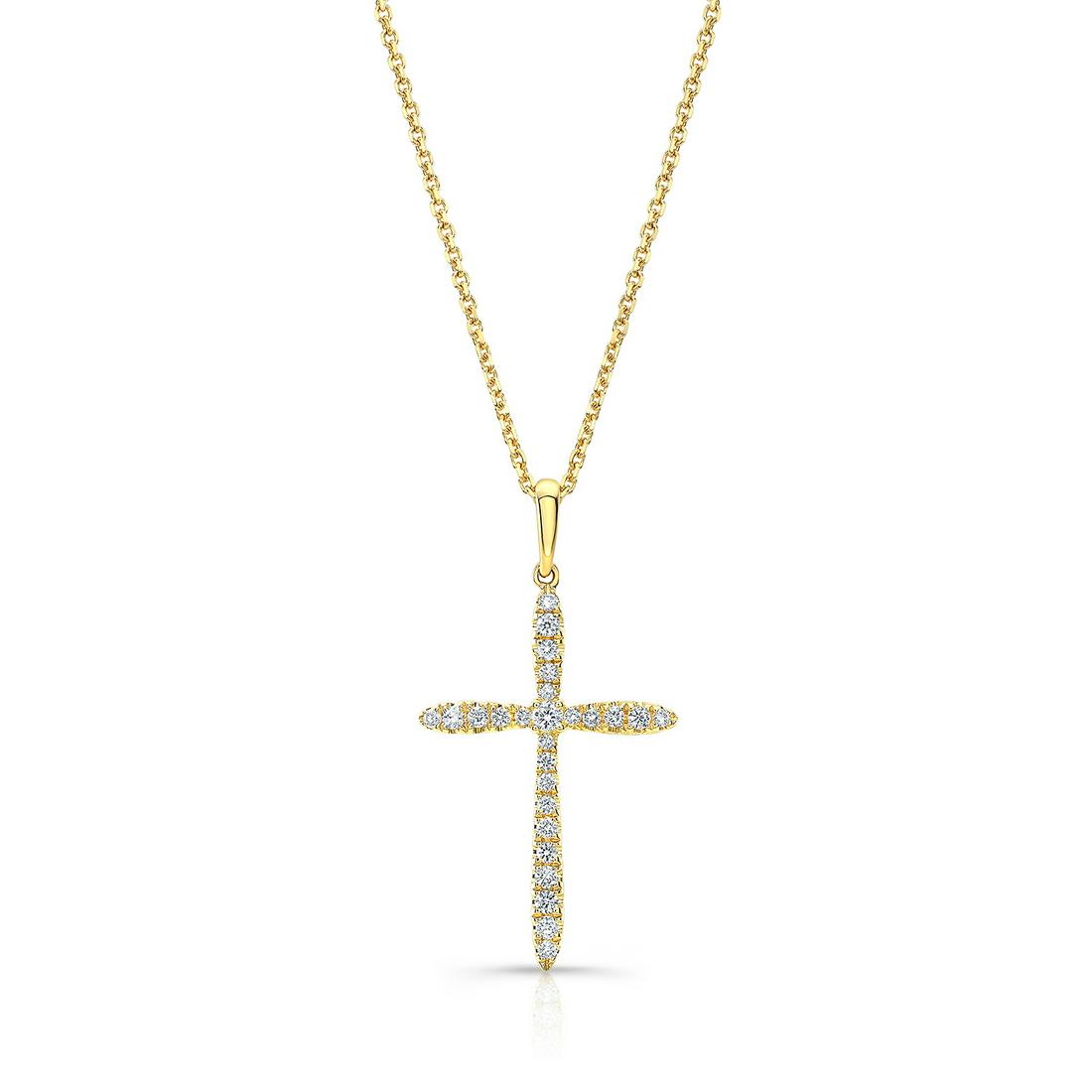 Diamond Pave Cross Pendant With High Polish Bail In 14k Yellow Gold (0.20ctw): 14k Yellow Gold Pendant With 26 Round Brilliant Diamonds Weighing 0.20ctw Style: Cross Primary Stone: Diamond Gender: Ladies Metal:14K Yellow Gold Country of Origin: China Dimensions (LxWxH in mm): 28