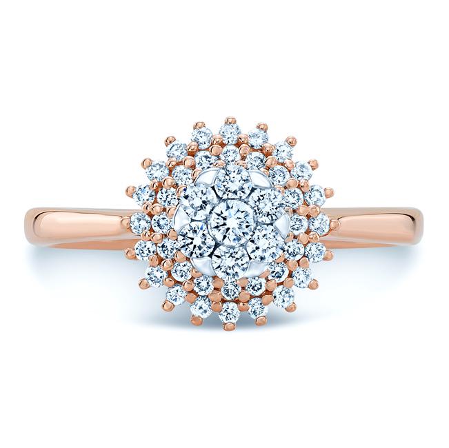 Diamond Cluster Starburst Ring In 14k Rose Gold: 14k Rose Gold Coronet Ring With 43 Round Brilliant Diamonds Weighing 0.40 Carats Style: Coronet Primary Stone: Diamond Gender: Ladies Metal:14K Rose Gold Country of Origin: China The BIDHAUS Guarantee